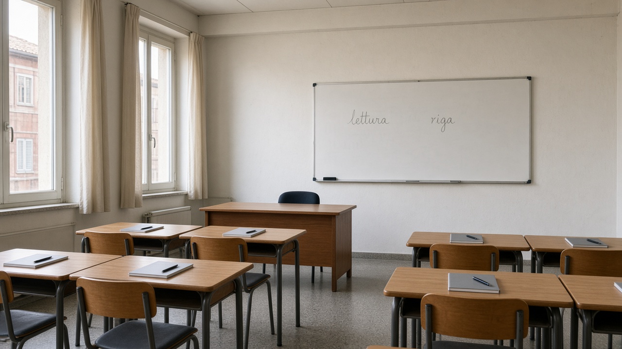 Aula Henrel con banchi e lavagna.